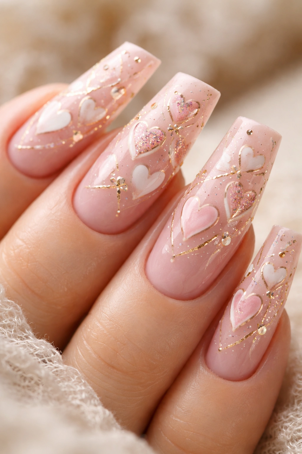 Duck nails soft pink with hand-drawn hearts and gold accents