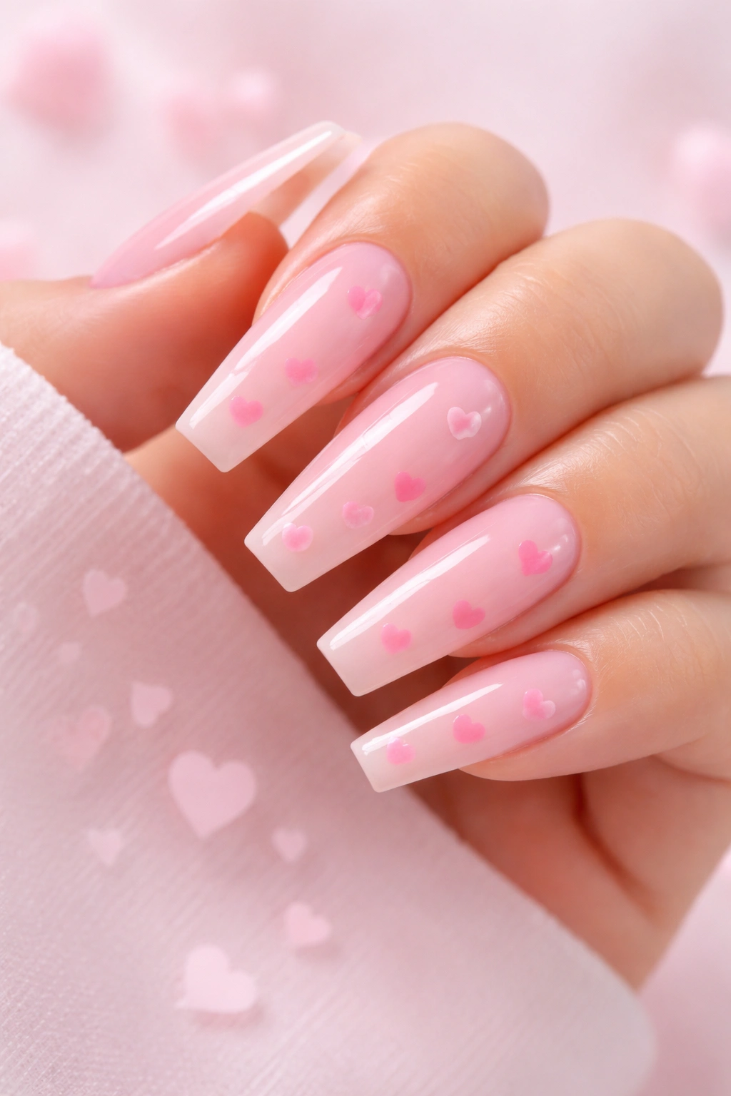 Close-up nails with pink heart designs on nude pink base