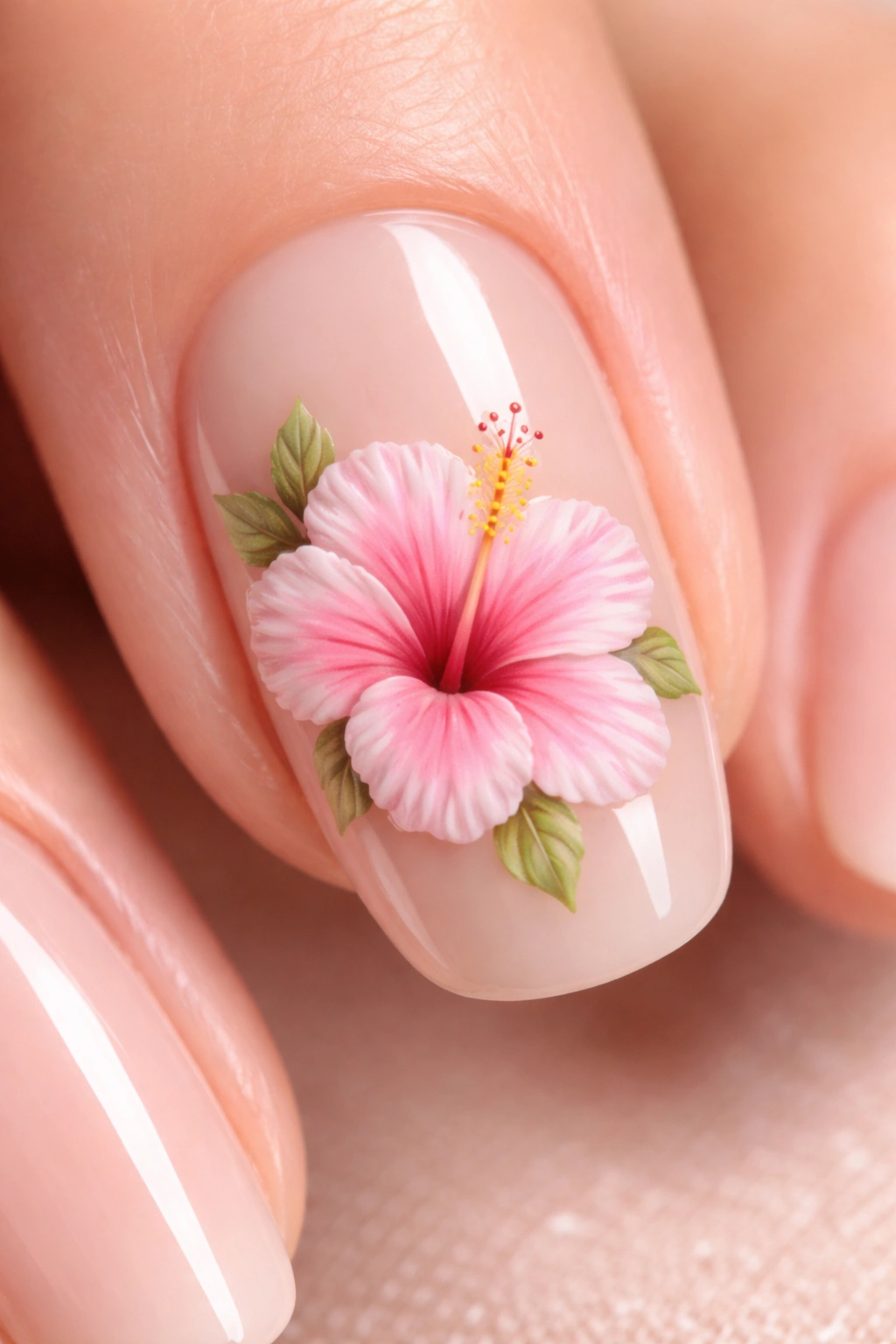 Close-up of pink hibiscus nail art on a nude base