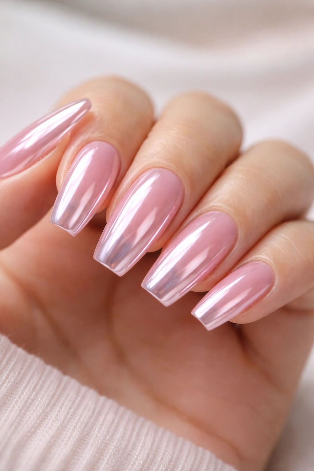 Close-up of translucent pink jelly nails with chrome overlay and glassy shine on ballerina nails