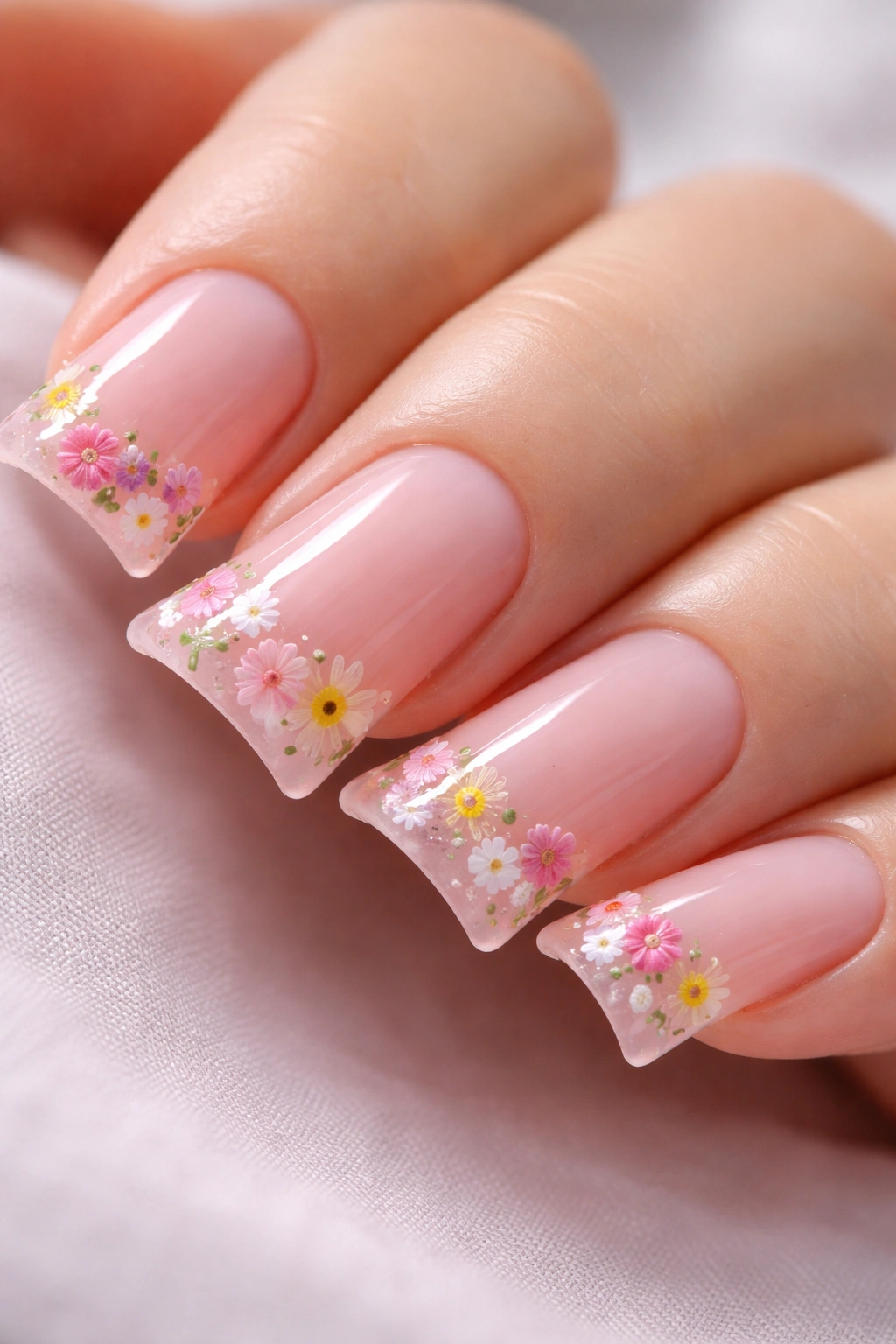 Close-up of a short nail with translucent pink jelly base and tiny pressed flowers on the duck tip