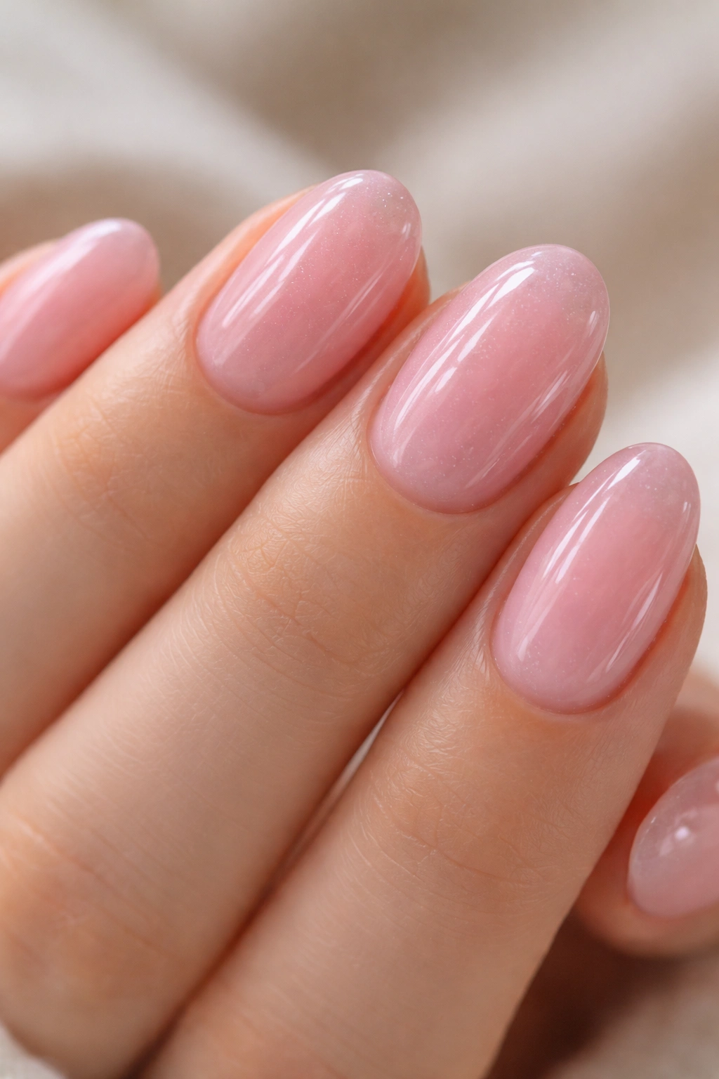 Close-up of short oval nails with pink jelly glaze