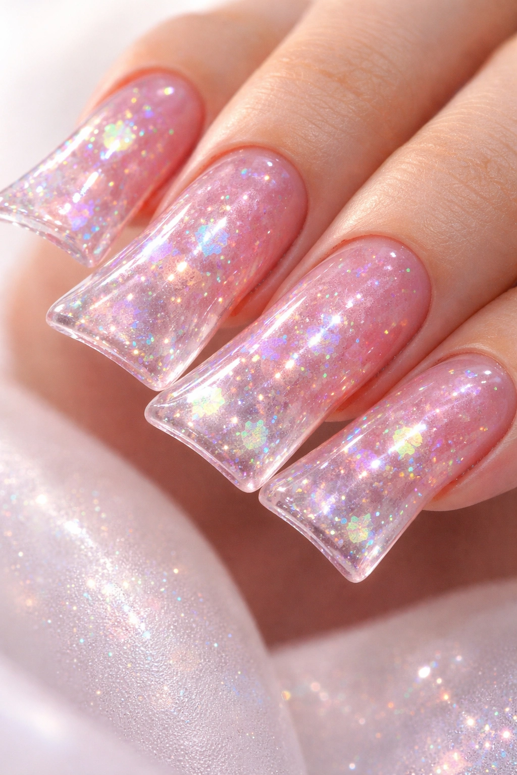 Jelly nails with translucent pink base and holographic glitter