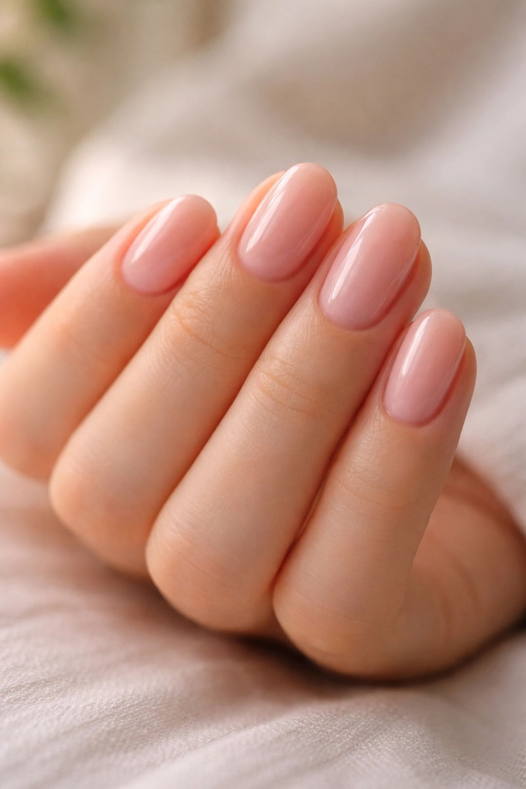 Close-up of short oval nails with jelly finish in pink on a hand