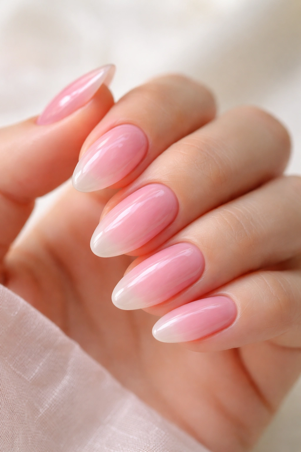 Close-up of pink cloud nails with jelly finish on short almond nails