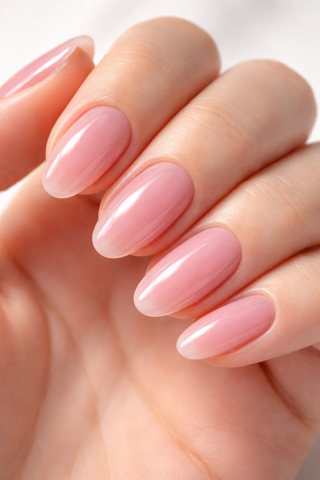 Short almond nails with pink jelly polish and a glossy finish