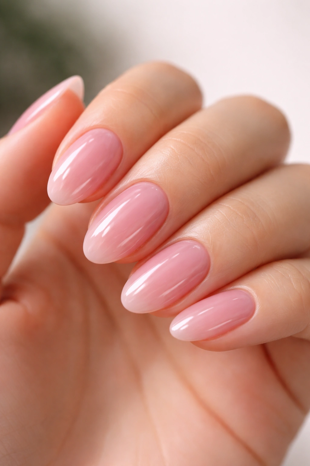 Close-up of pink jelly almond nails on short nails with translucent glossy finish
