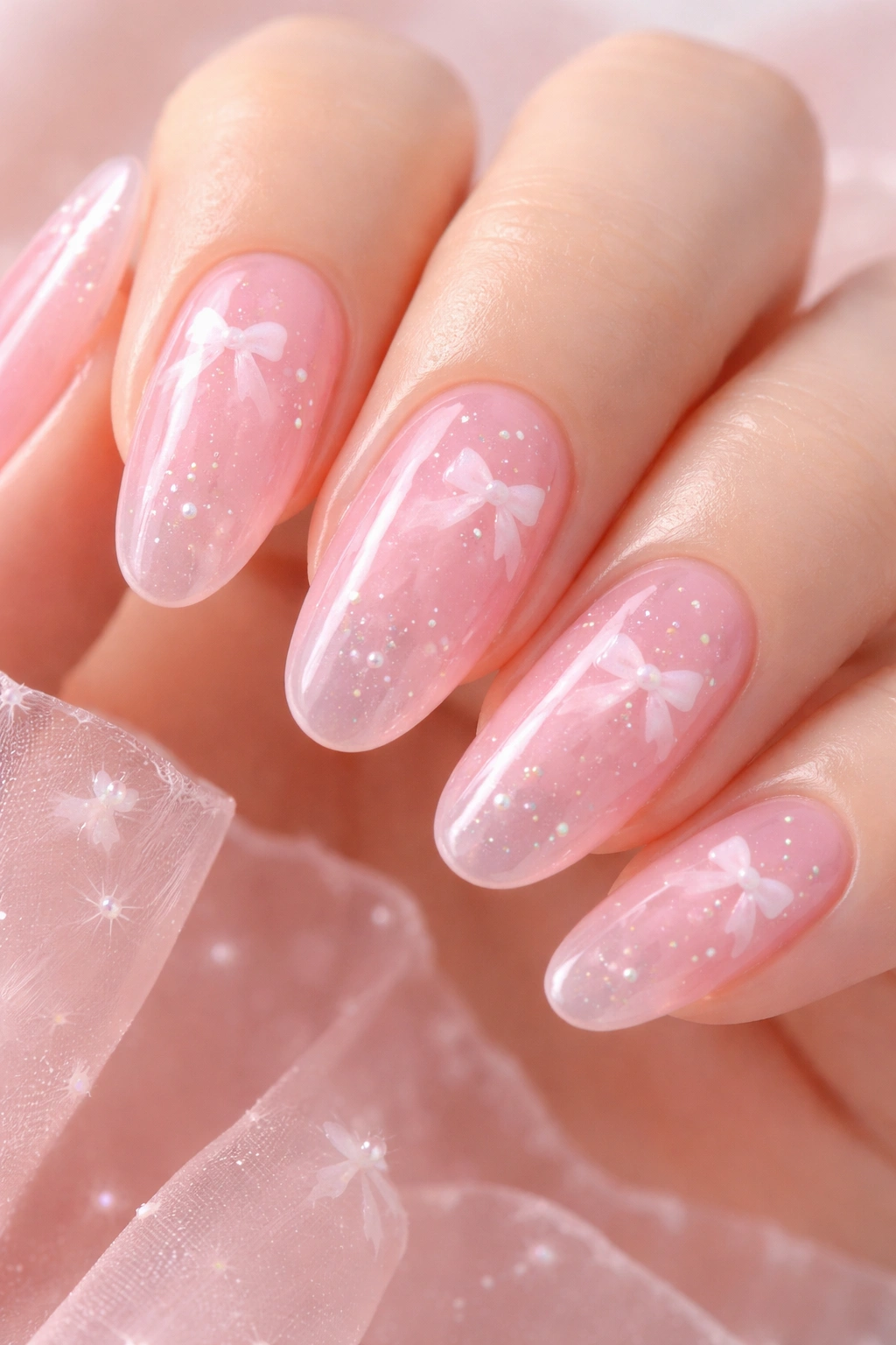 Translucent pink jelly nails with floating bow details inside the nails