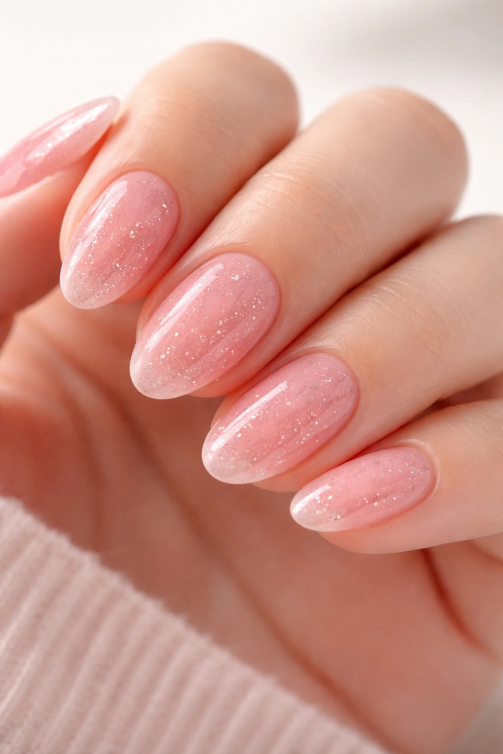 Close-up of pink jelly nails with glitter flecks on short almond nails