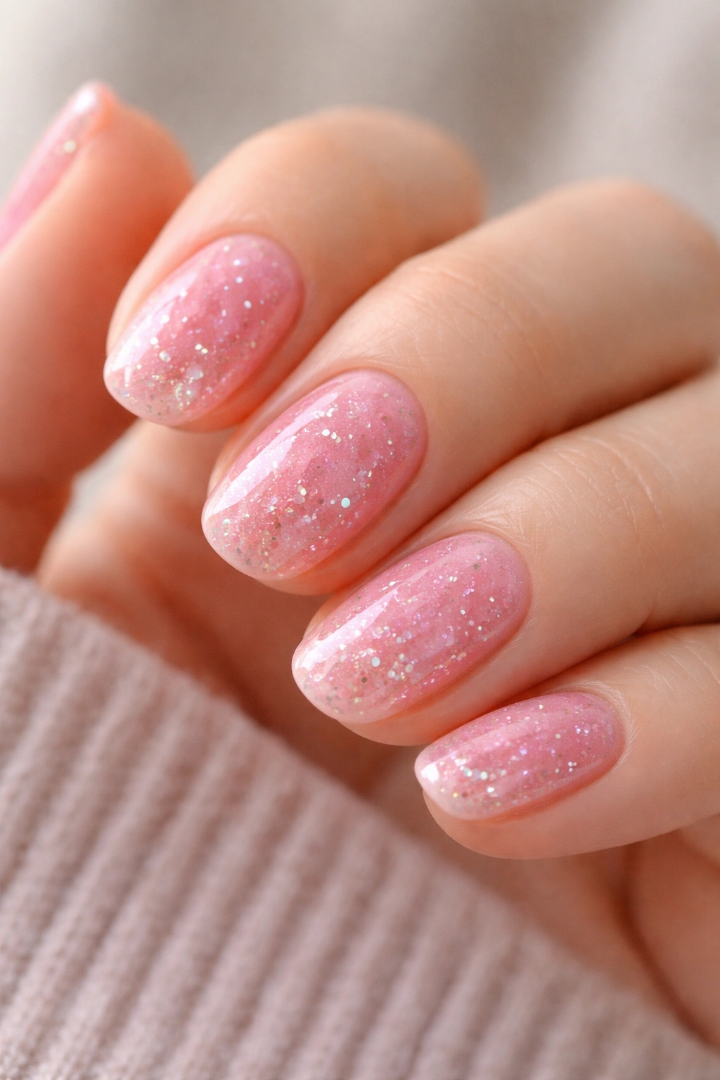 Close-up of pink jelly nails with glitter on short oval nails