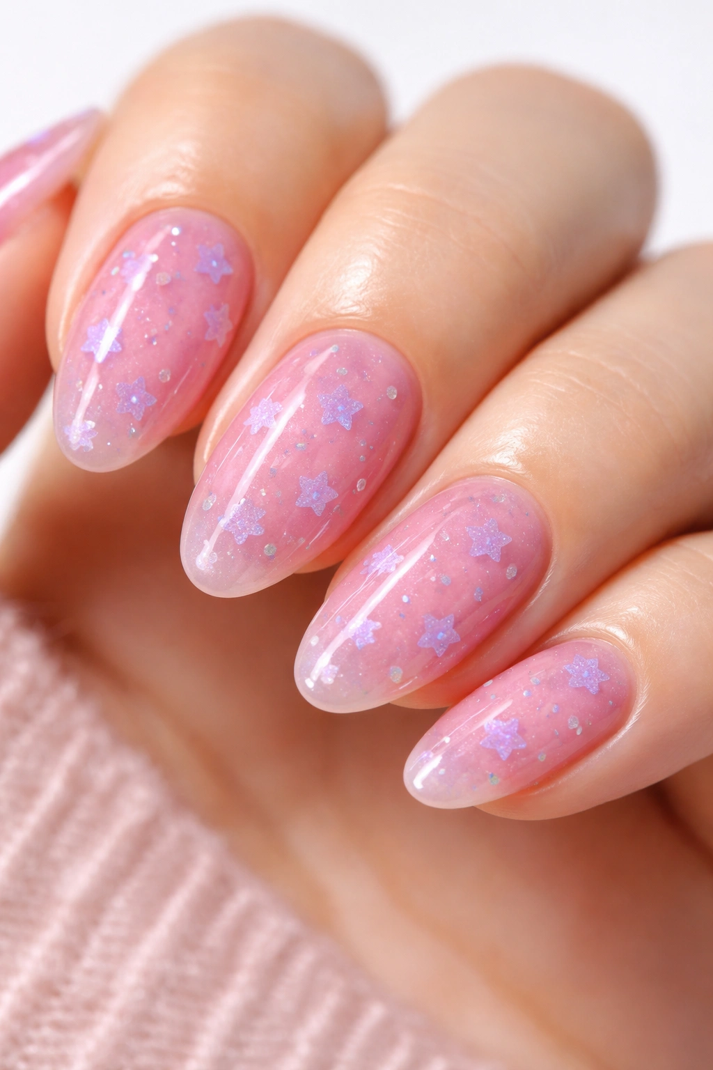Close-up of pink jelly nails with lilac star accents on short almond nails