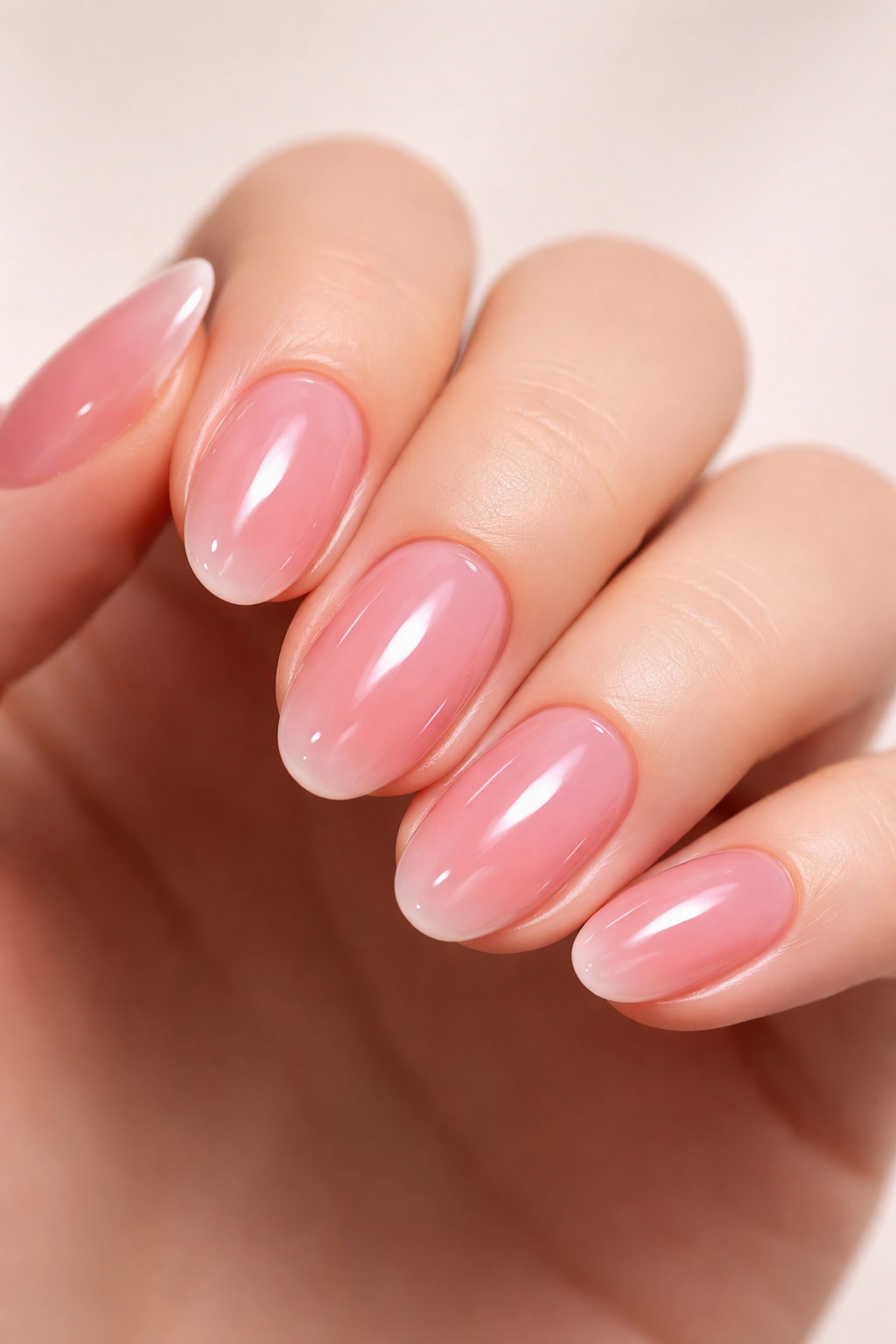 Close-up of pink jelly nails showing translucent depth on short almond nails