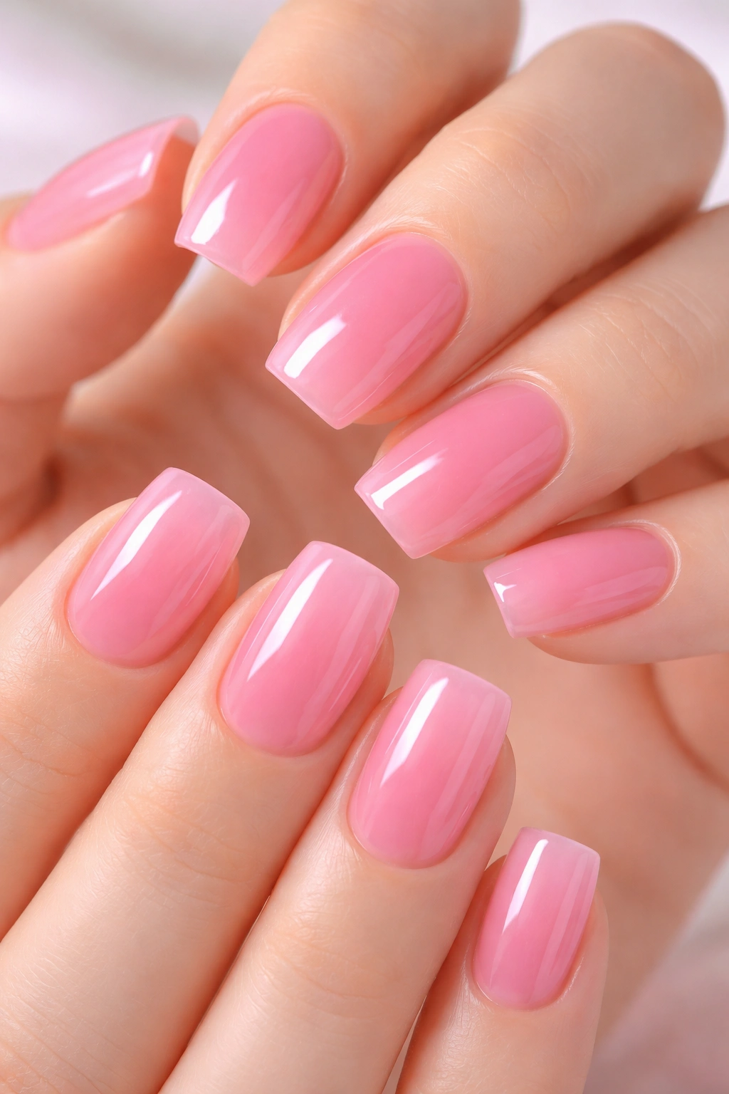 Close-up of pink jelly nails showing translucent candy-like finish
