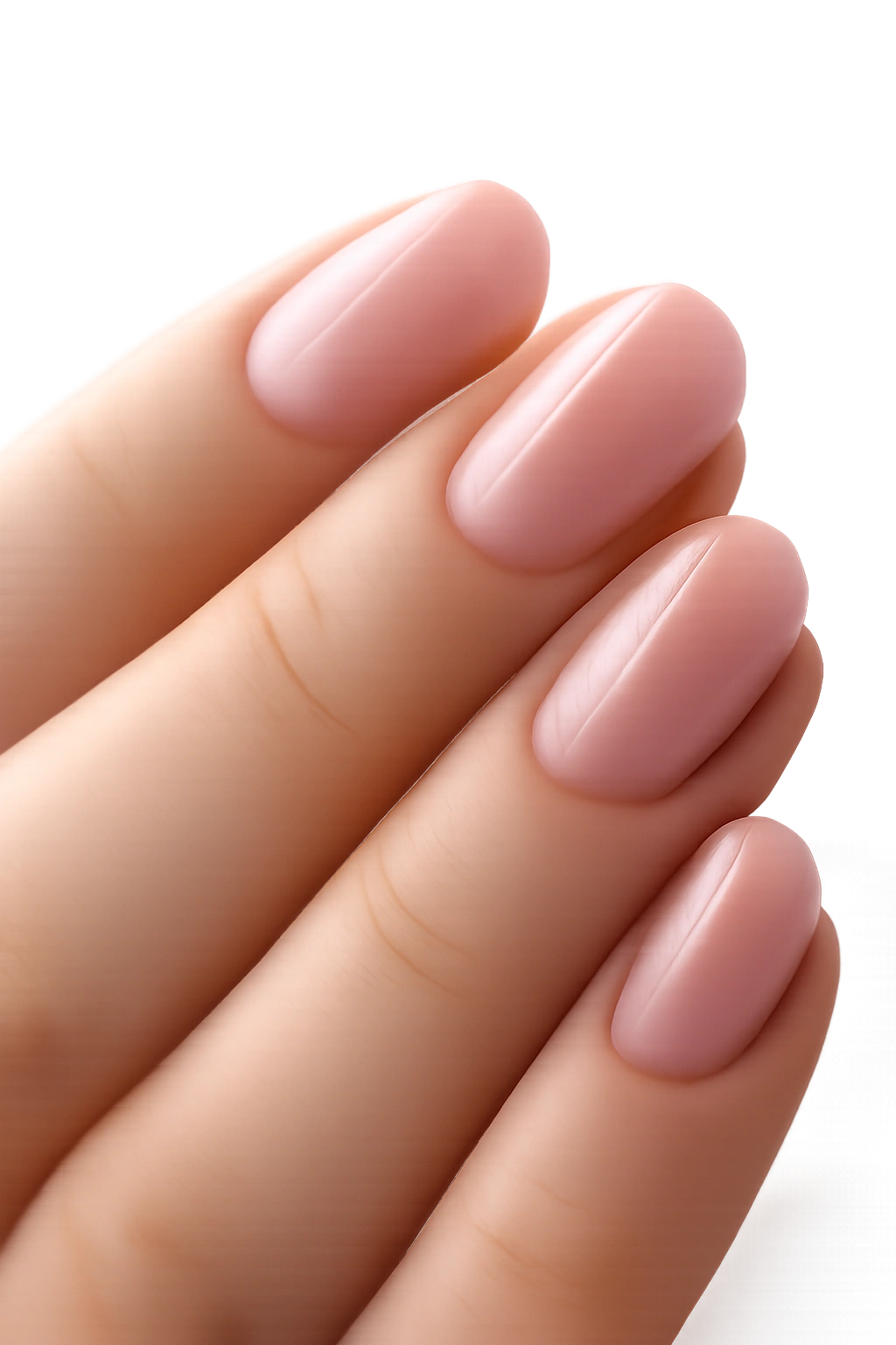 Close-up of short oval nails with transparent pink jelly overlay showing natural nail through the layer