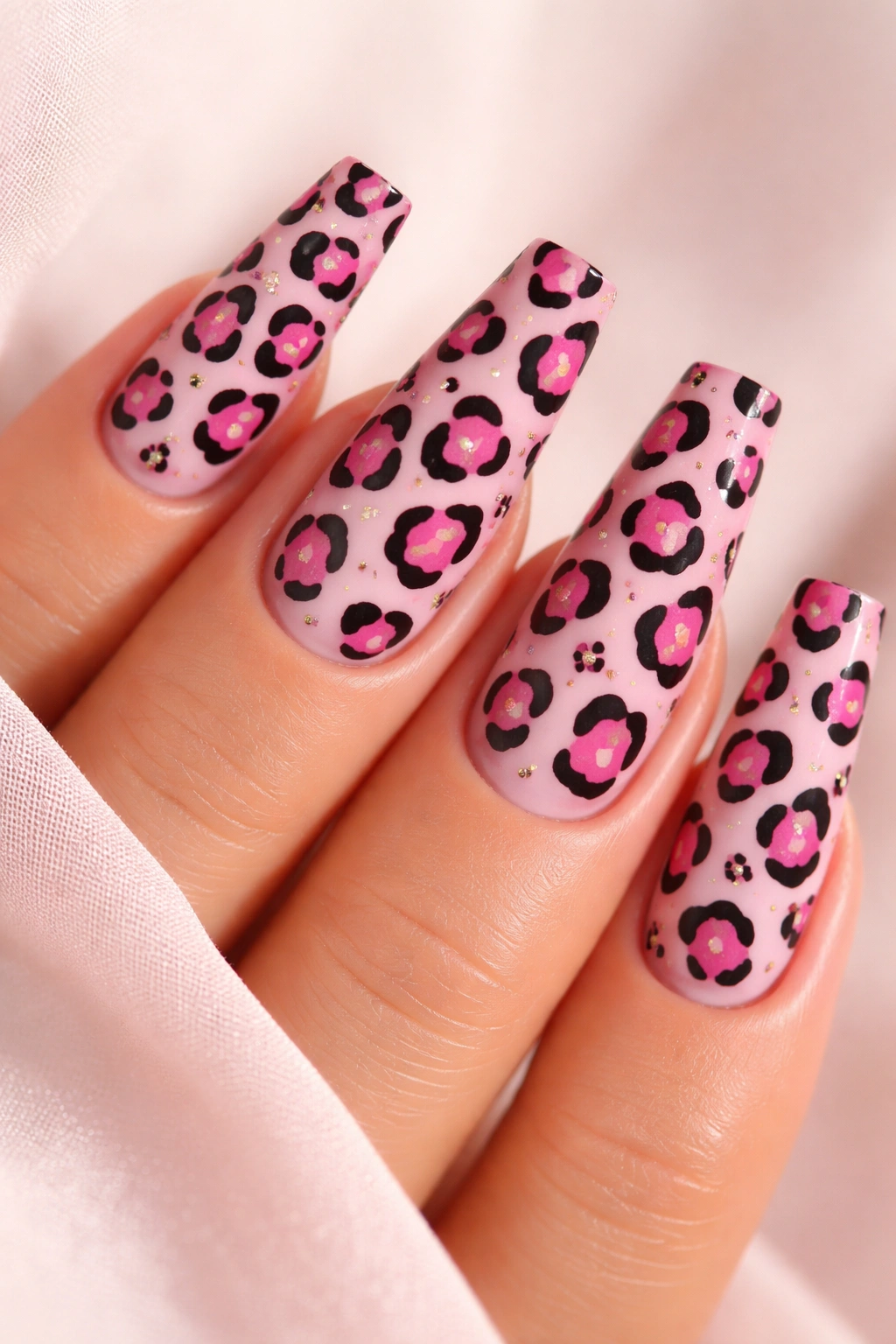 Close-up of pink leopard print nails on coffin nails