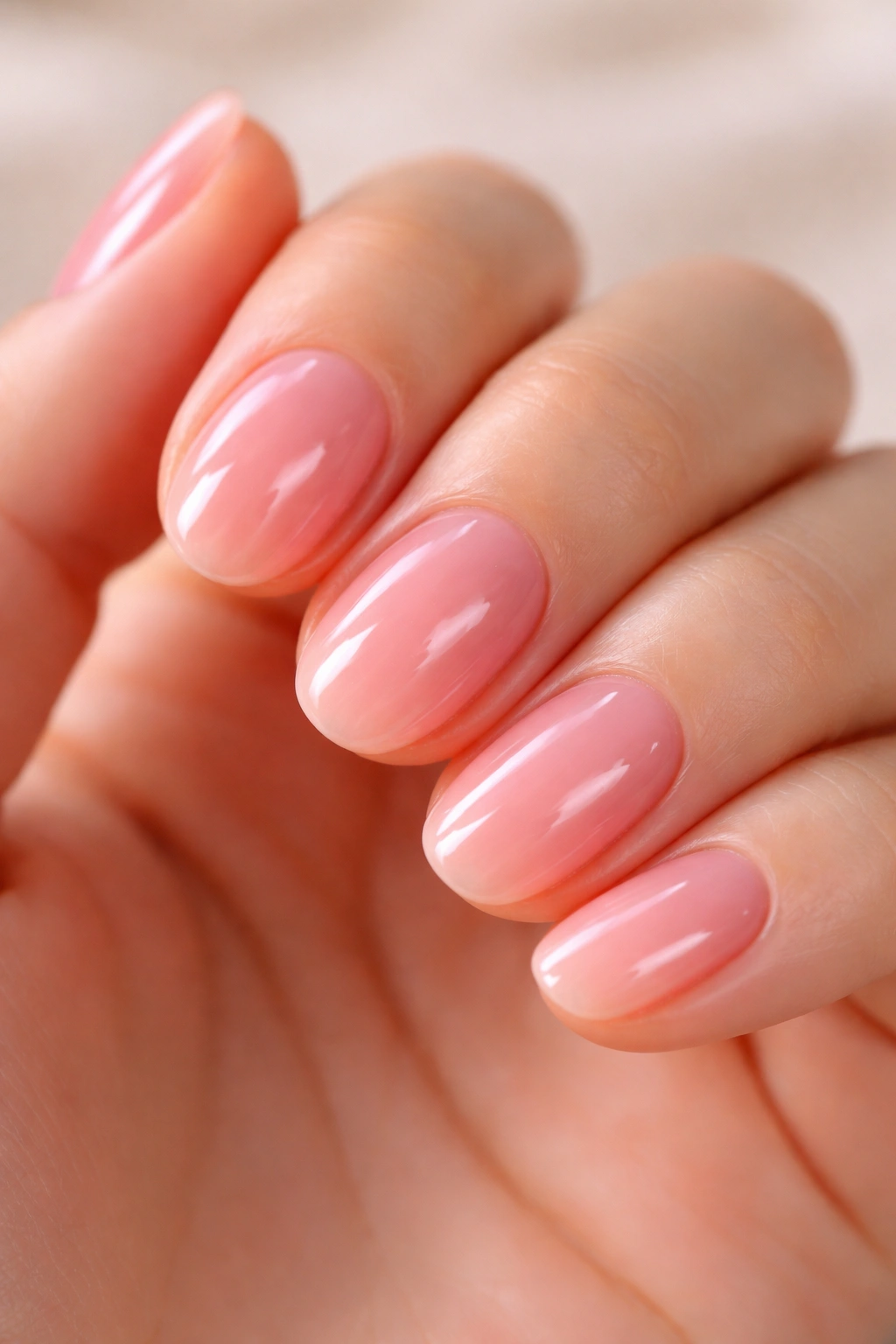 Short oval nails with translucent glossy pink finish resembling lip gloss