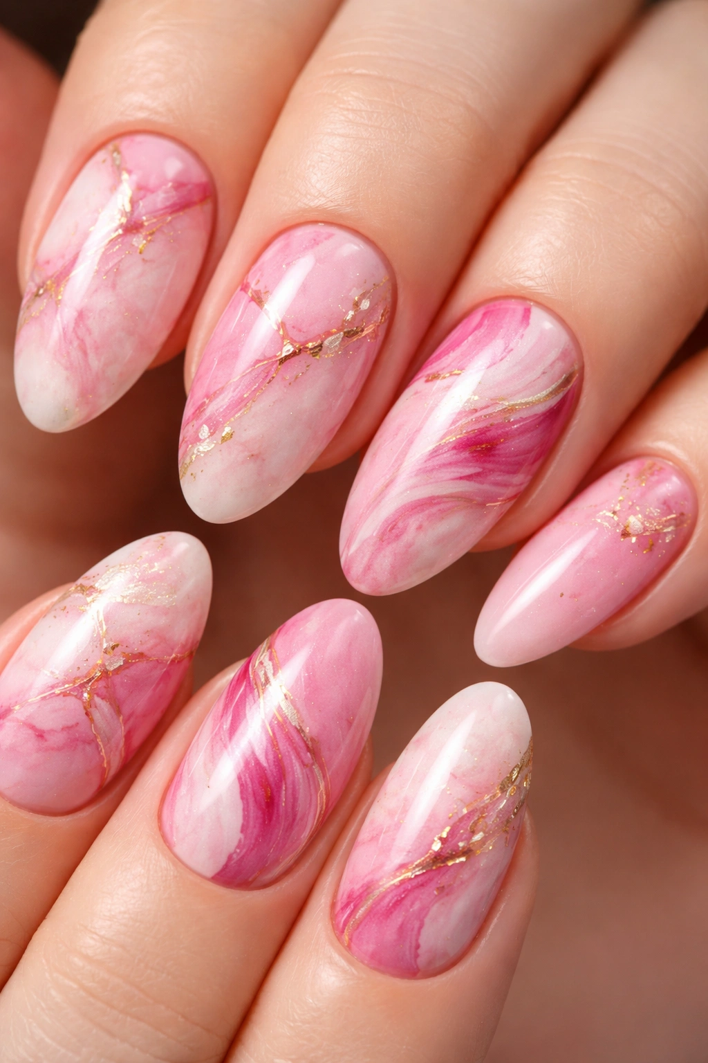 Nails with pink marble and abstract art designs close-up