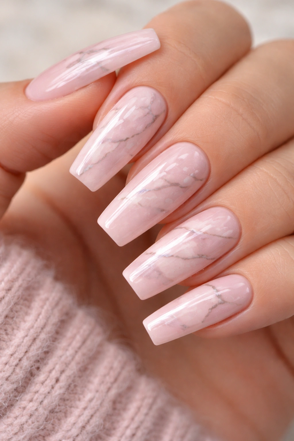 Light pink marble nails with white and gray veining on coffin shape.