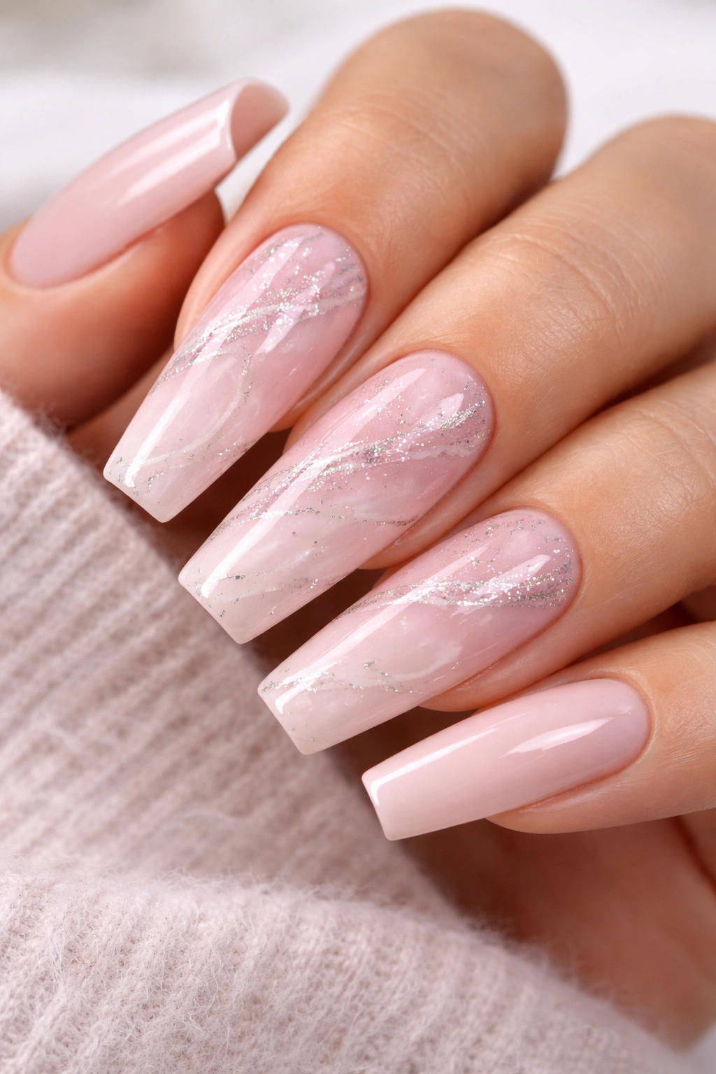 Close-up of soft pink marble nails with fine glitter veins on a ballerina manicure