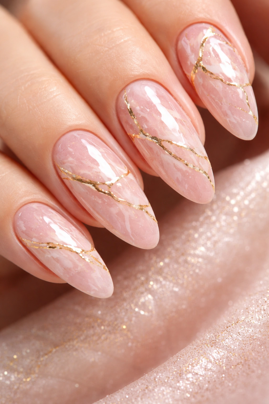 Pink marble nails with gold veins and glossy finish