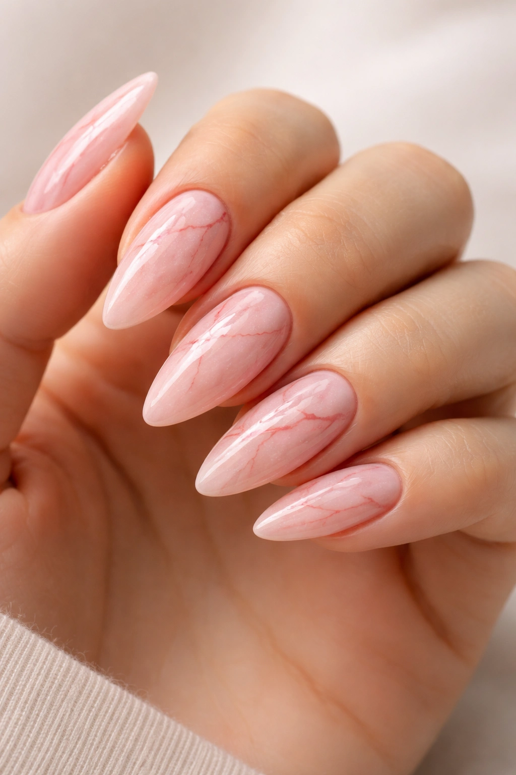 Almond nails with pink marble and red veins.