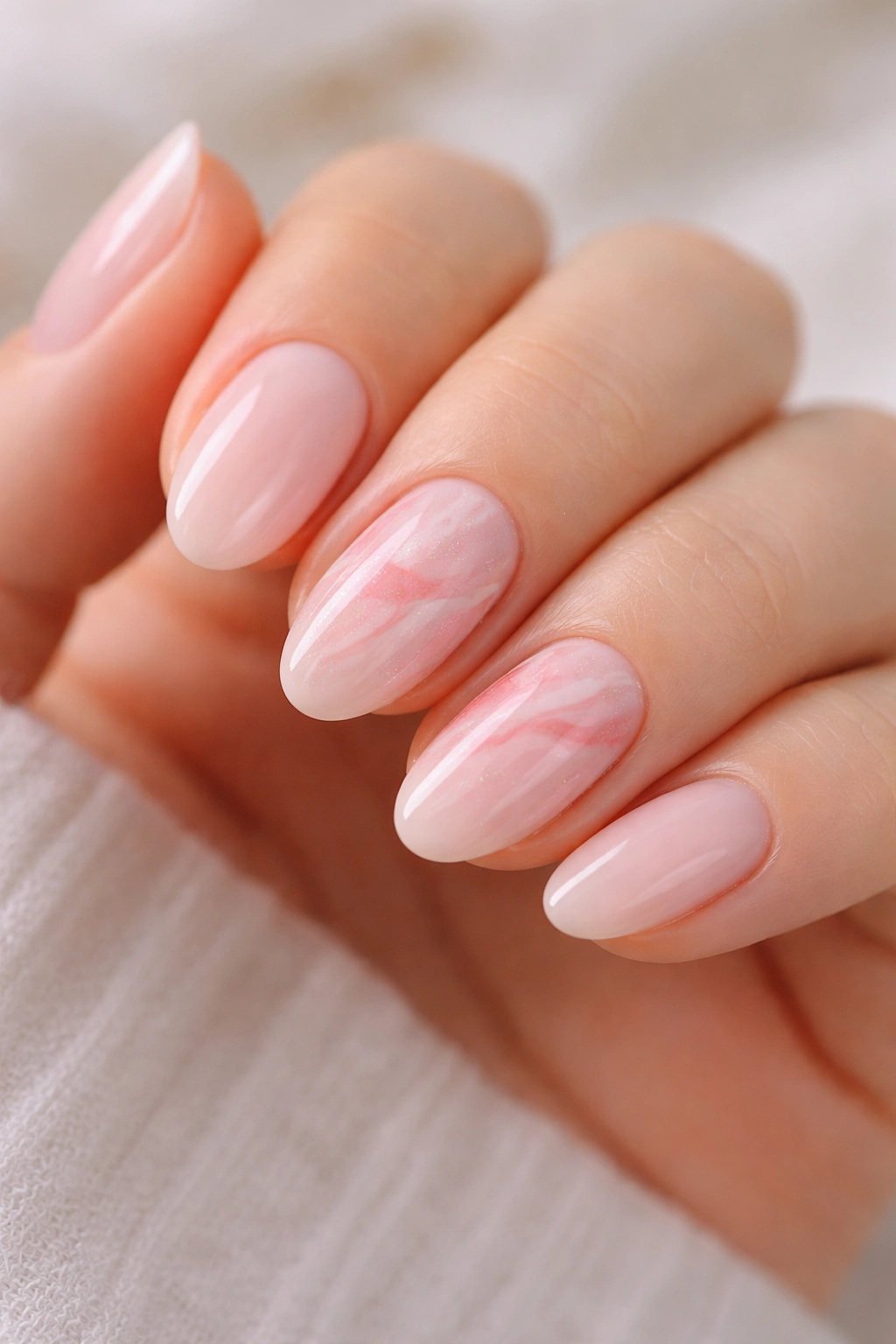 Short almond nails with delicate pink marble swirl on a sheer base.