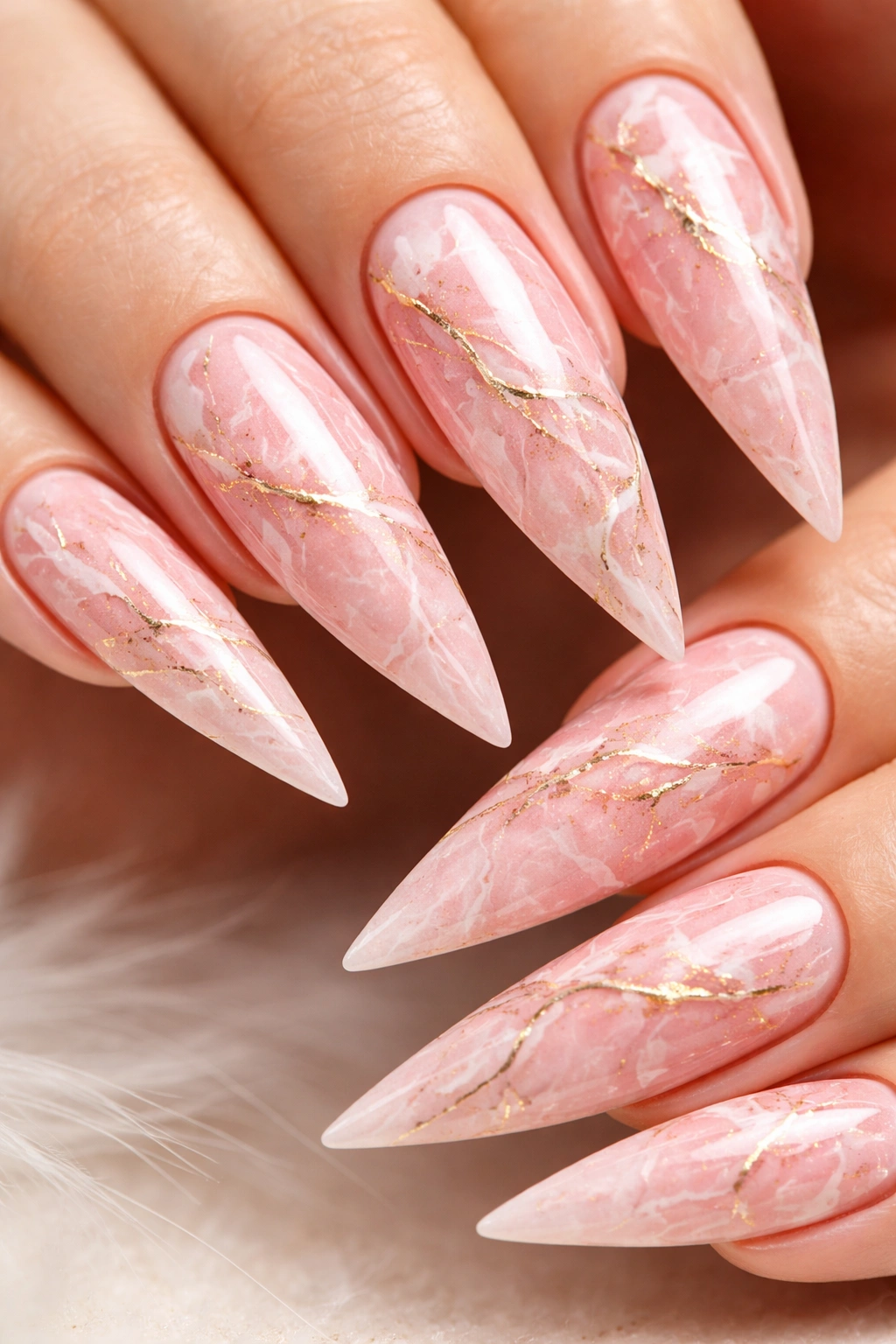 Close-up of pink marble-styled stiletto nails with veining