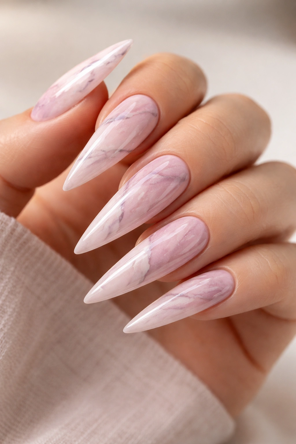 Stiletto nails with baby pink marble effect