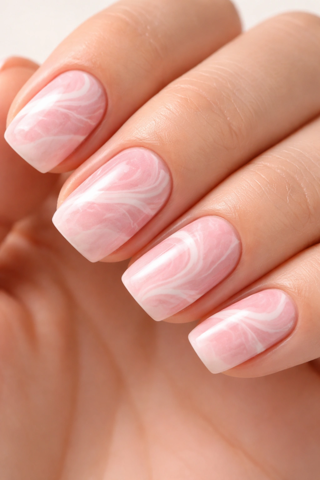 Close-up of pink marble nails with white swirls on each nail