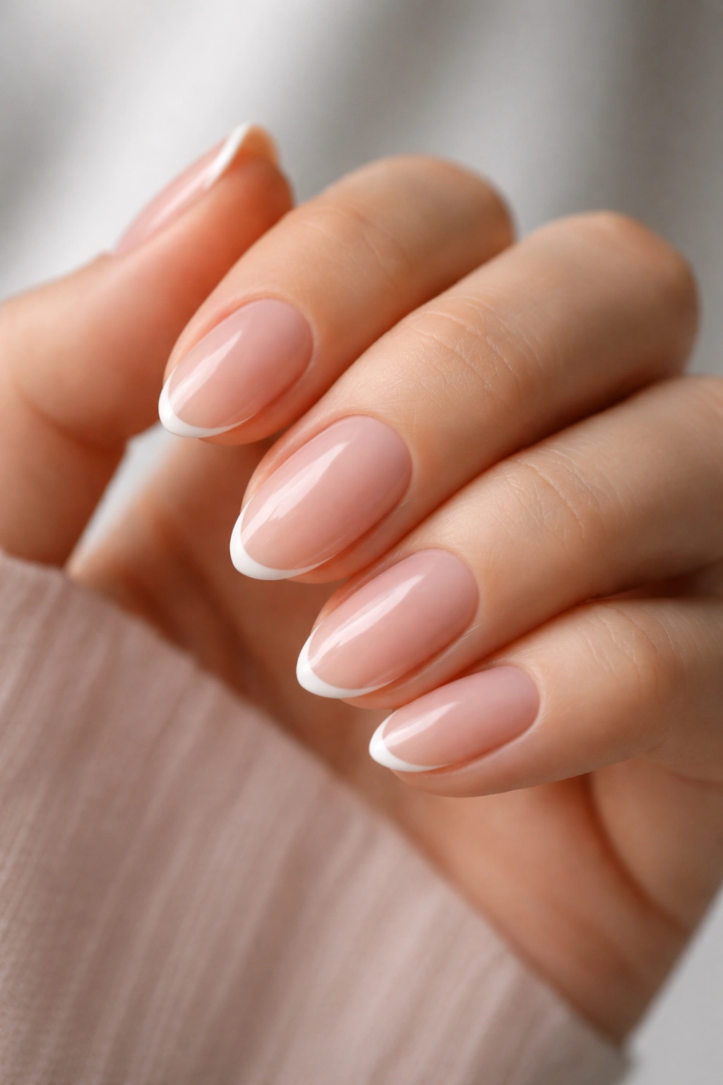 Close-up of short almond nails with pink base and micro white edges