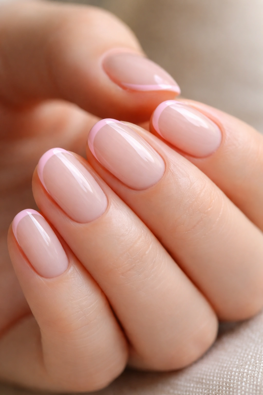 Close-up of short oval nails with a micro-French pink tip