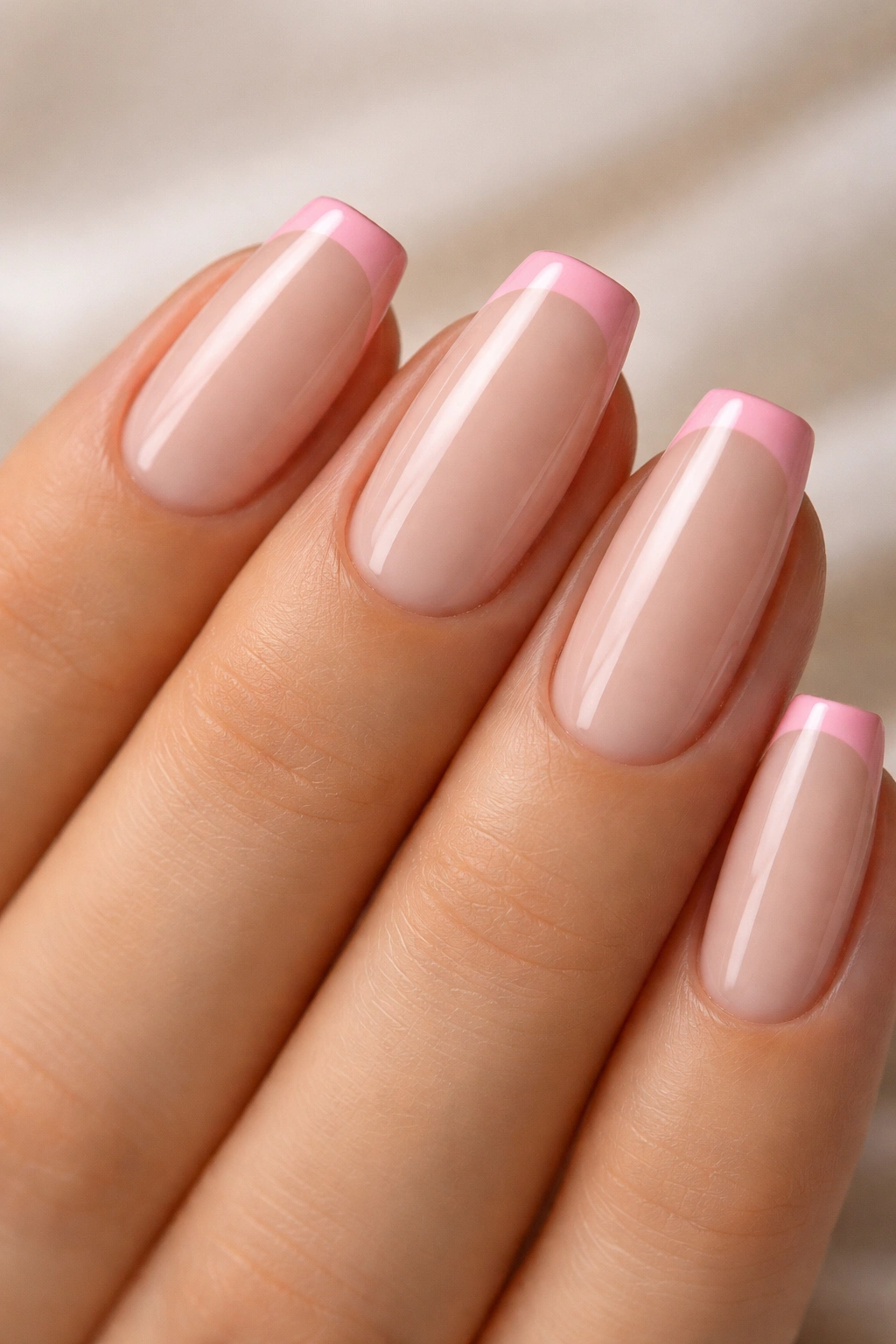 Pink micro-French nails with nude base and pink edge