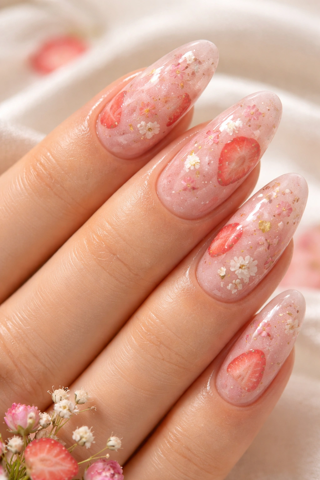 Close-up of strawberry milk bath nails with sheer pink milky base