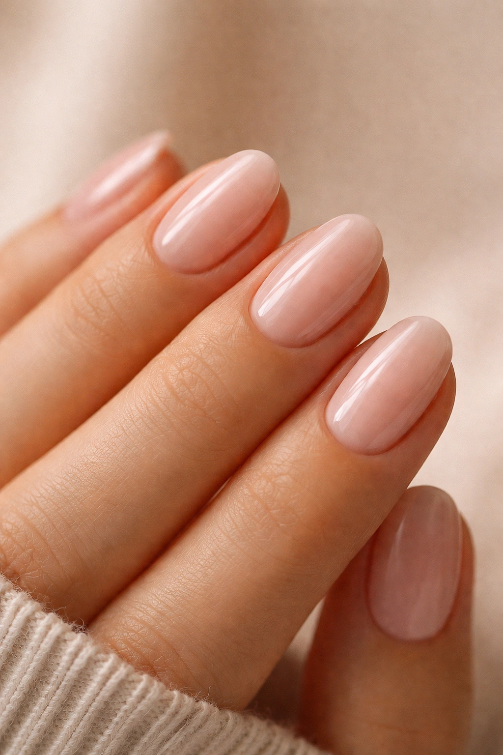 Close-up of short oval nails with creamy pink milk bath finish.
