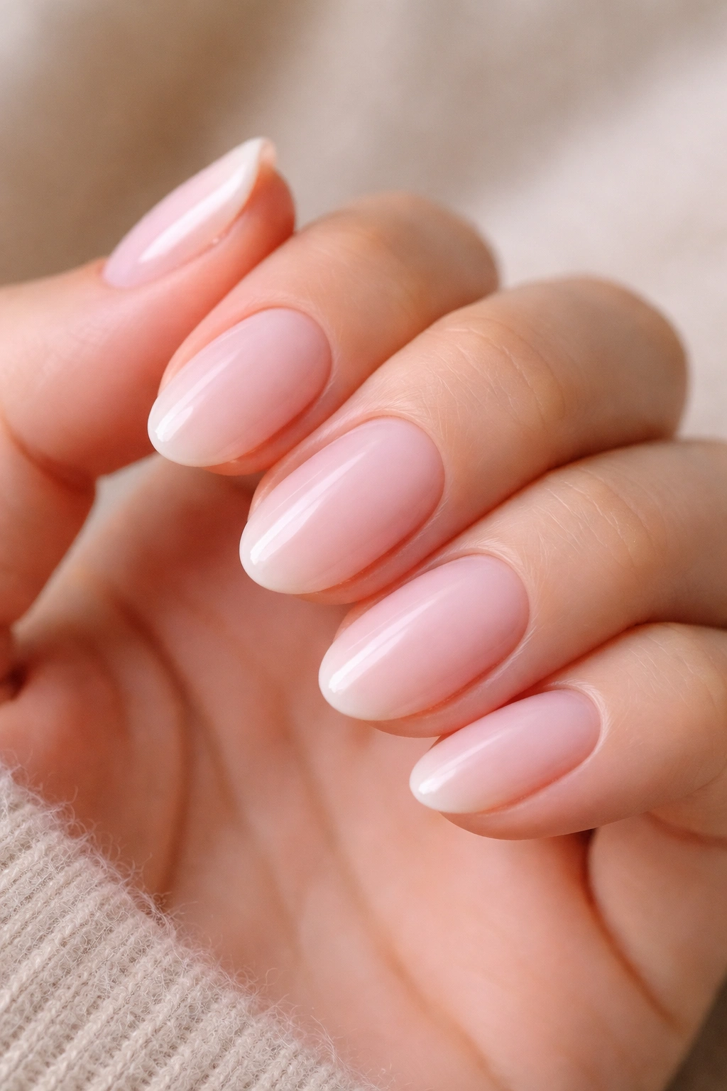 Close-up of short almond nails with pink milk color and rounded tips