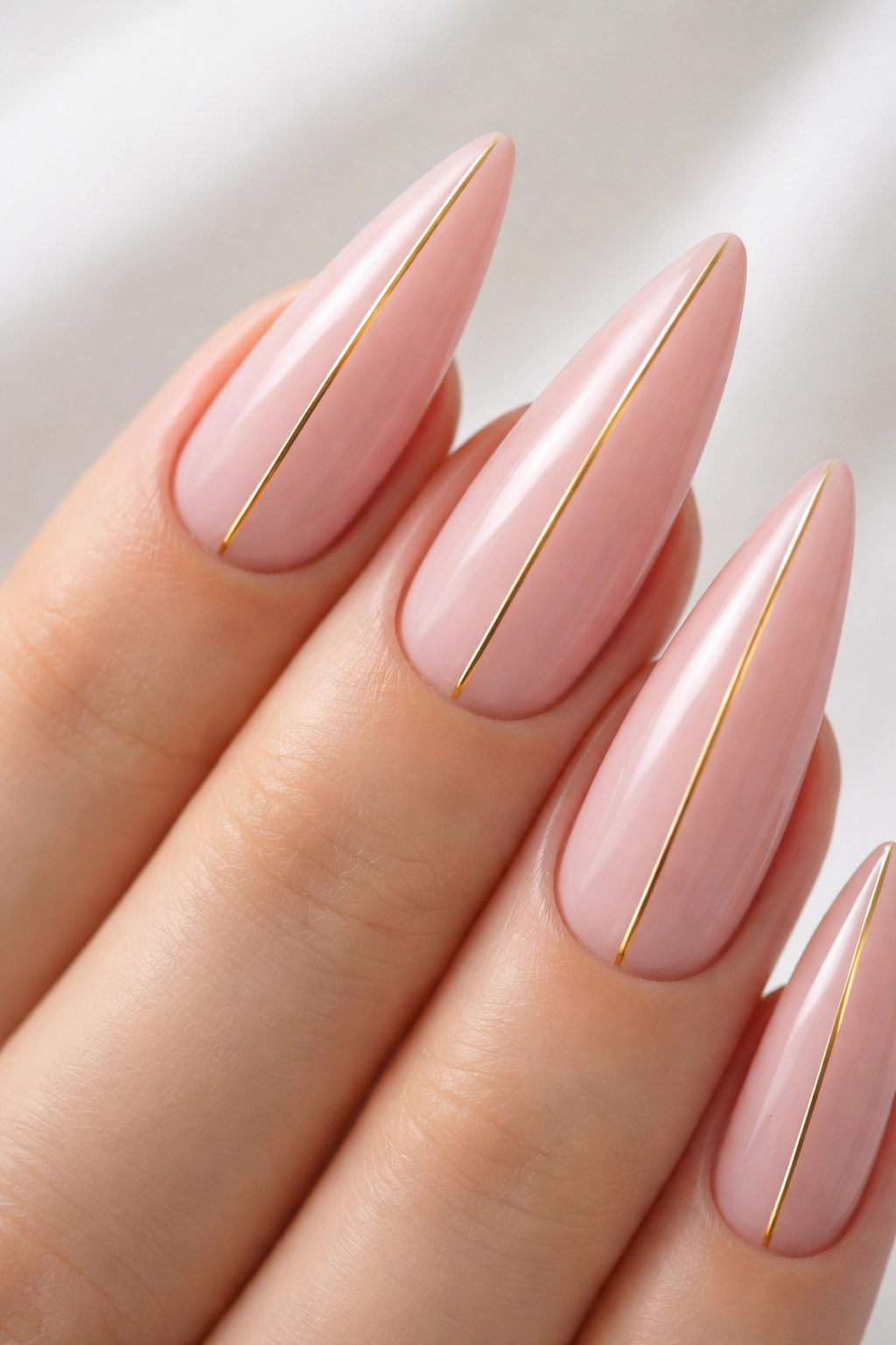 Close-up of soft pink stiletto nail with a gold line on a minimal background