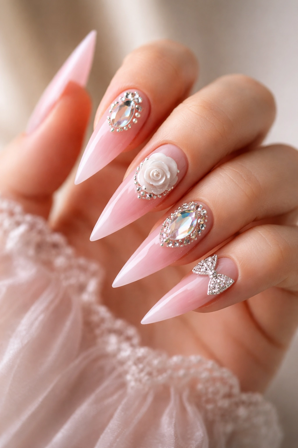 Stiletto nails with pink tips and a single 3D embellishment on each nail