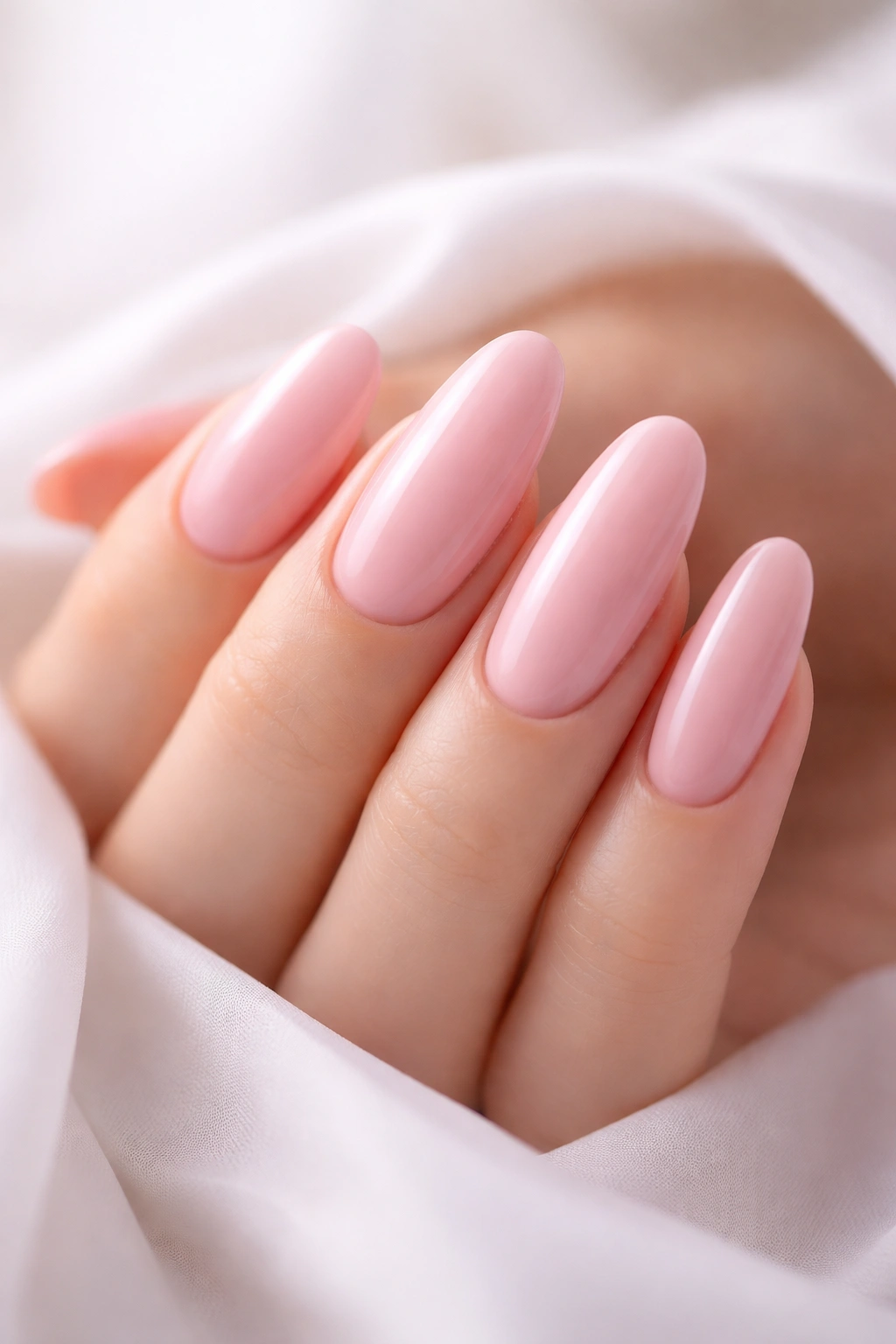 Close-up of pink long oval nails in a calm studio setting.