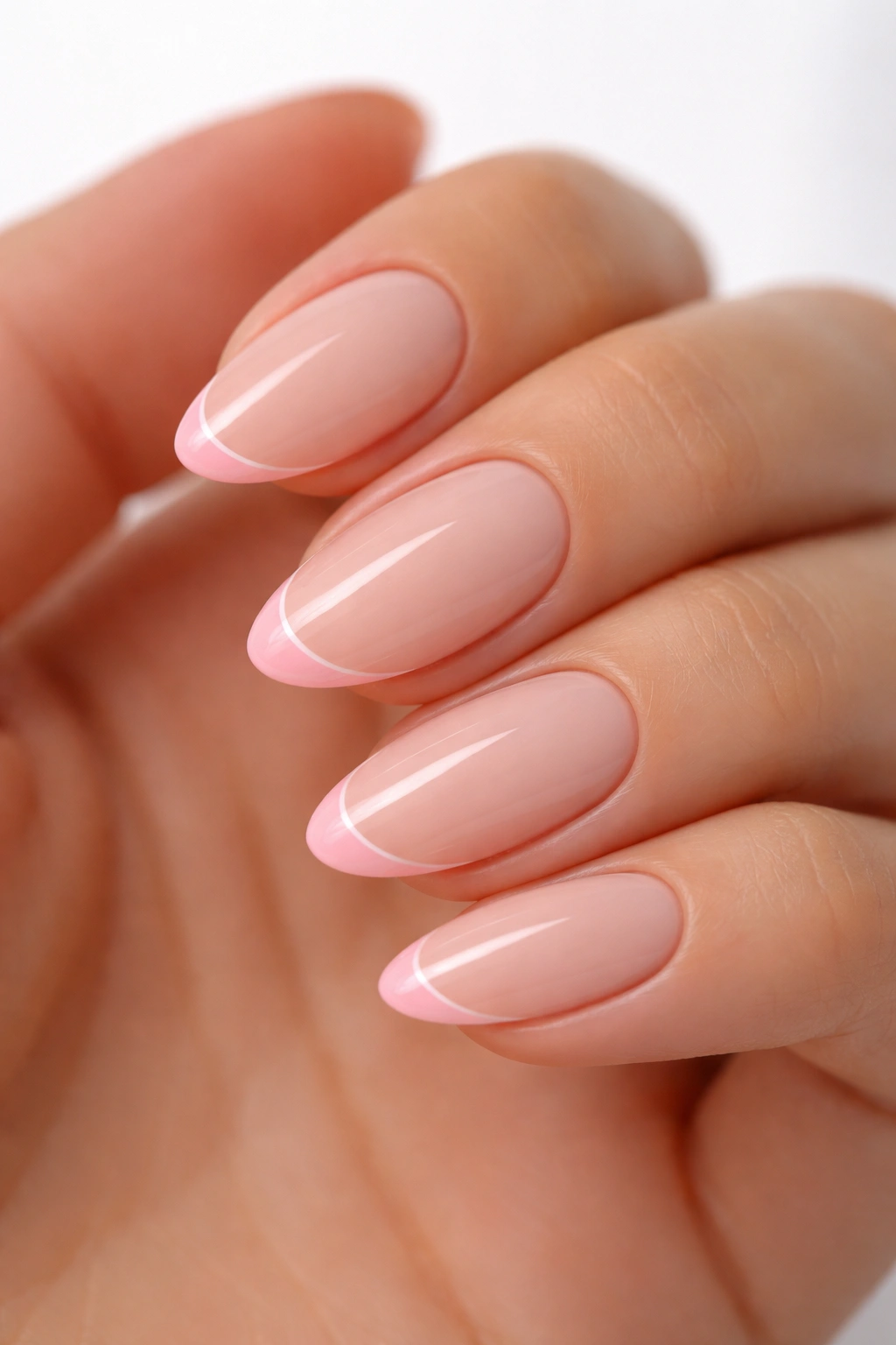 Close-up of almond nails with ultra-thin bubblegum pink micro tips in a clean studio