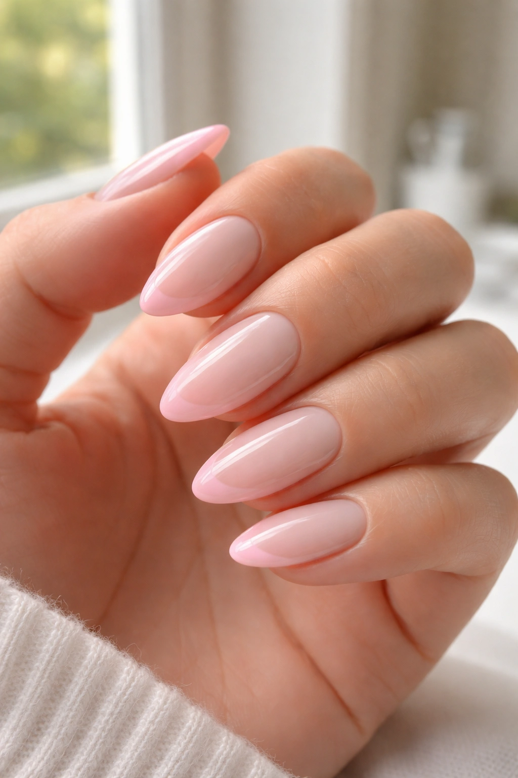 Close-up of almond nails with milky base and baby pink tips on almond nails