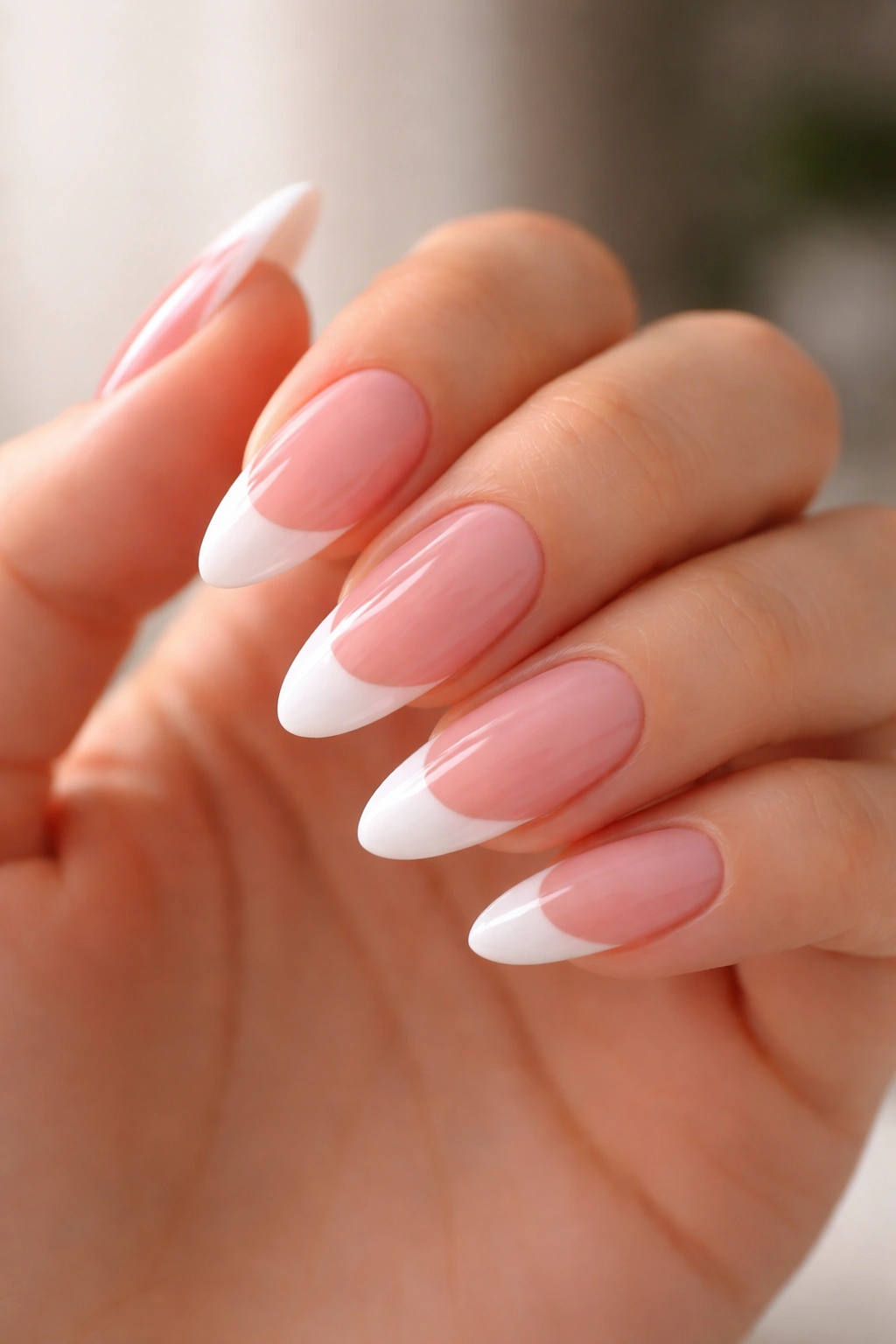 Close-up of pink French tip almond nails with white tips on a hand