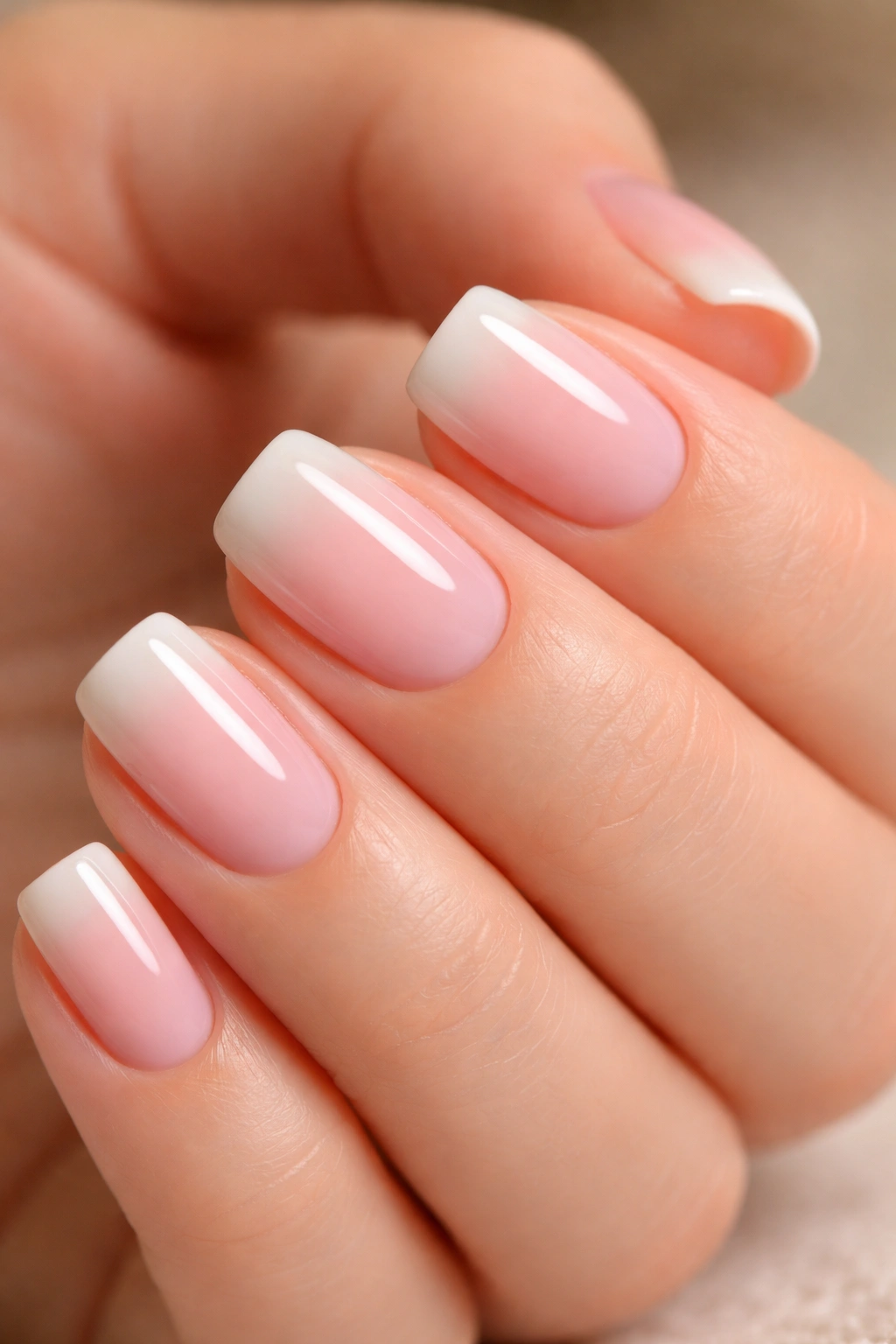Close-up of short squoval nails with pink base and ivory tips
