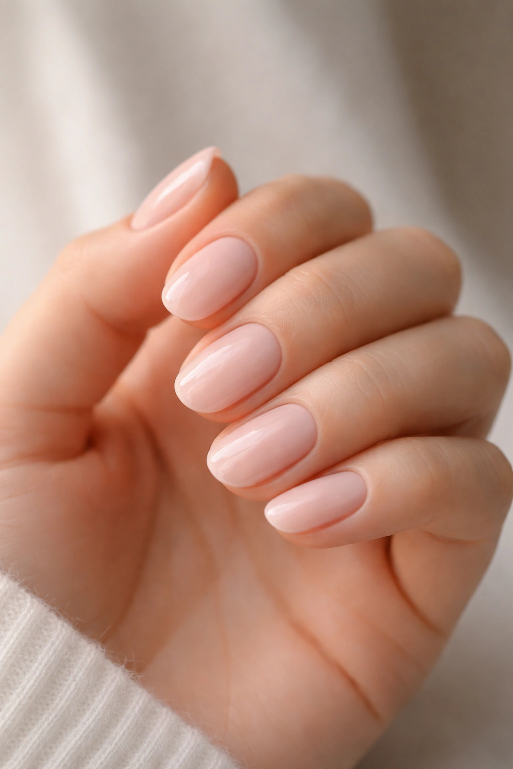 Close-up of short oval nails in ballet slipper pink with creamy translucent finish