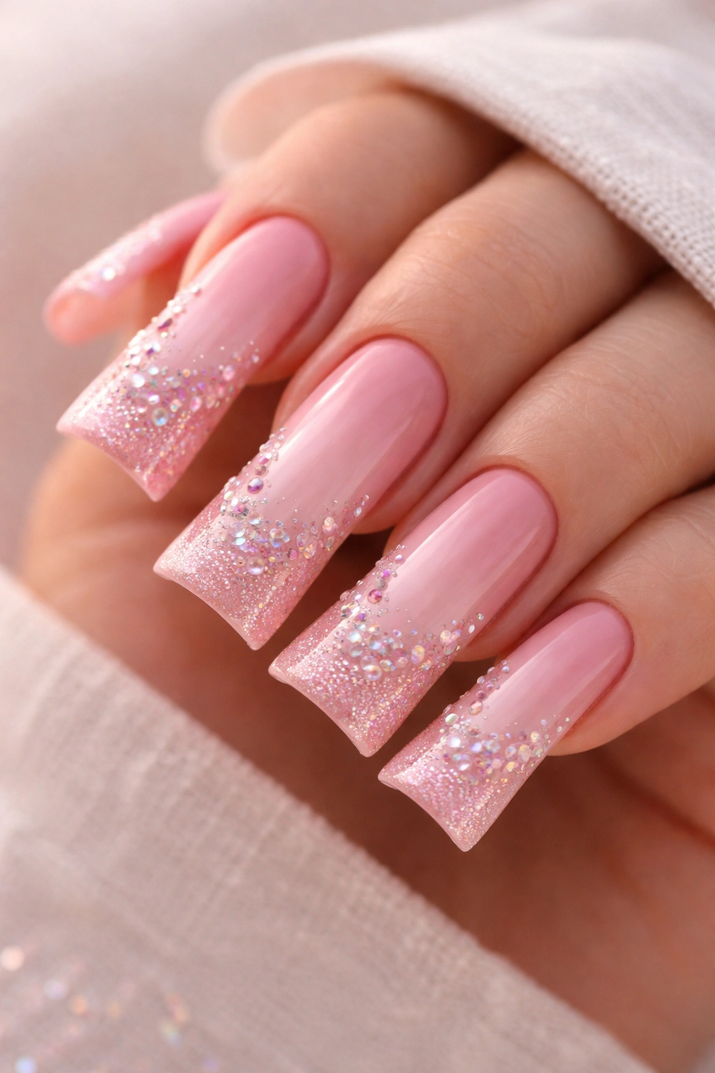 Close-up of pink ombre nails with crystals following the gradient