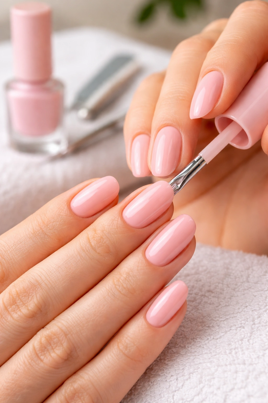 Close-up of pink nails as a DIY manicure at home.