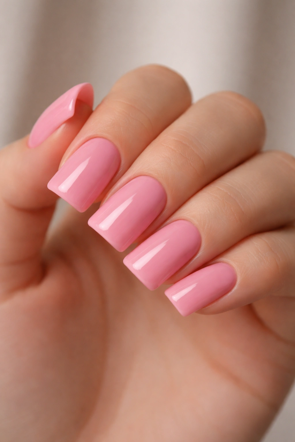 Close-up of short pink duck nails with glossy finish
