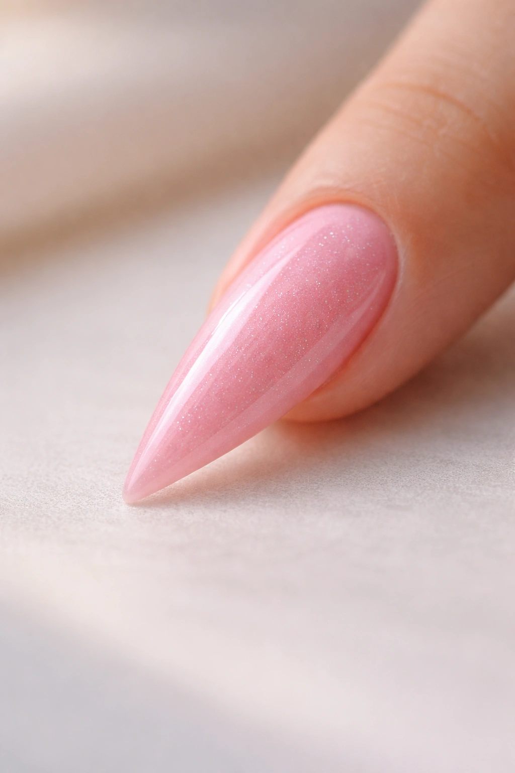 Close-up of a single pink stiletto nail on a neutral surface