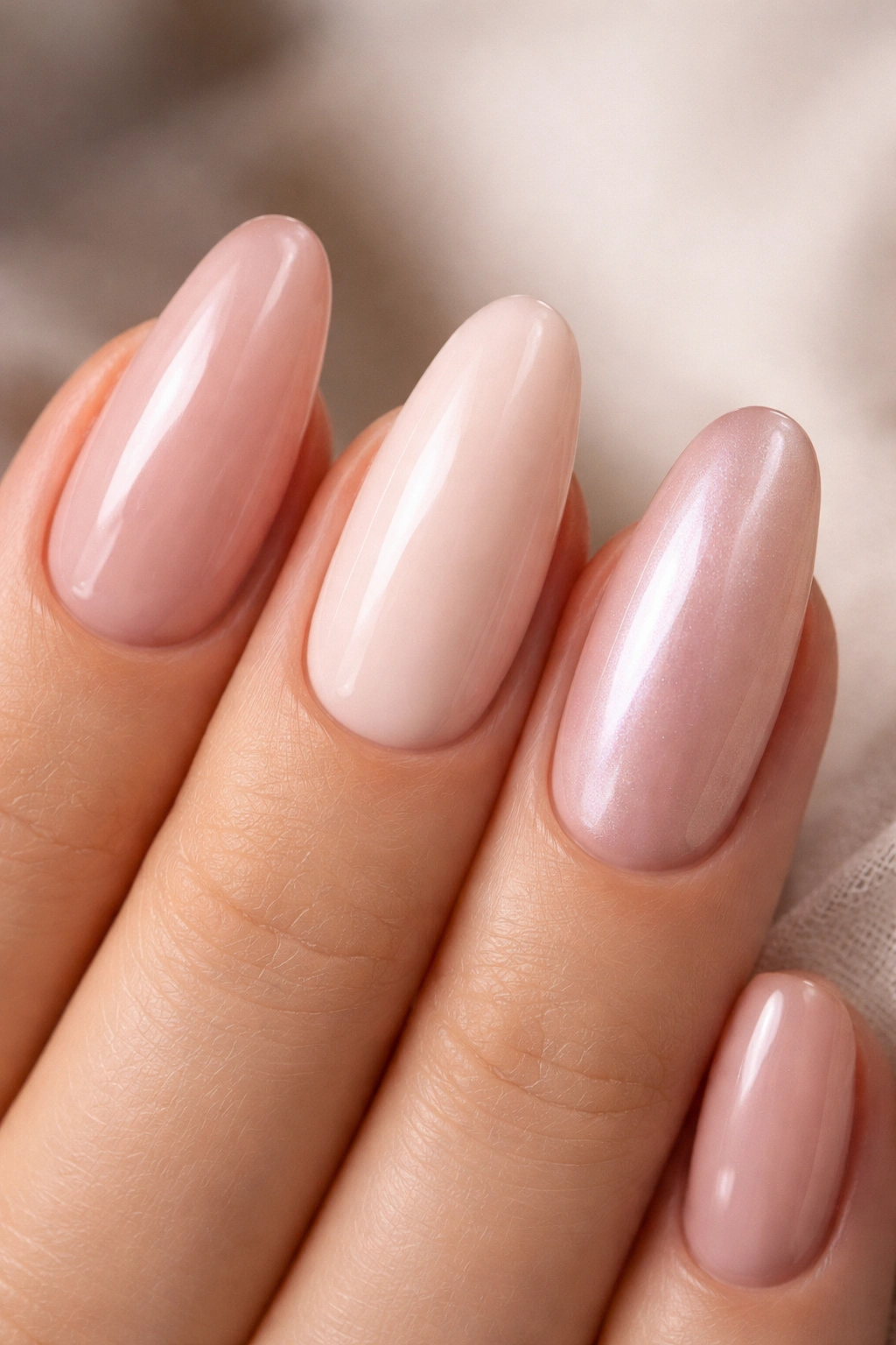 Hand with three long oval nails in pink finishes: sheer gloss, cream, and chrome