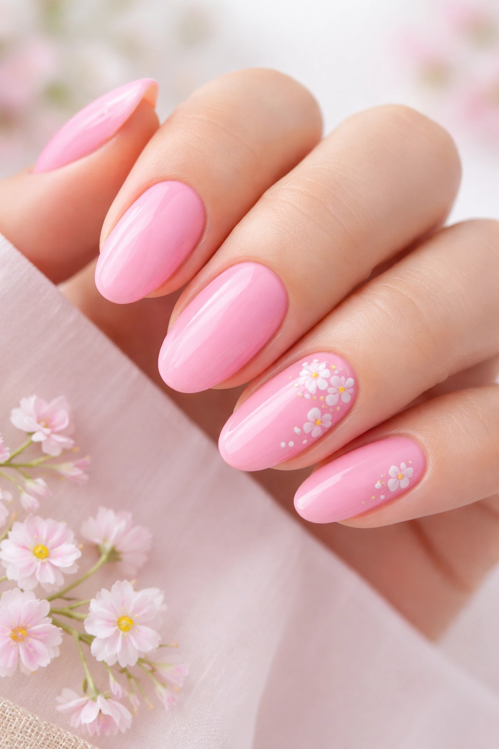 Pink nails with delicate white floral accents on a soft pink base