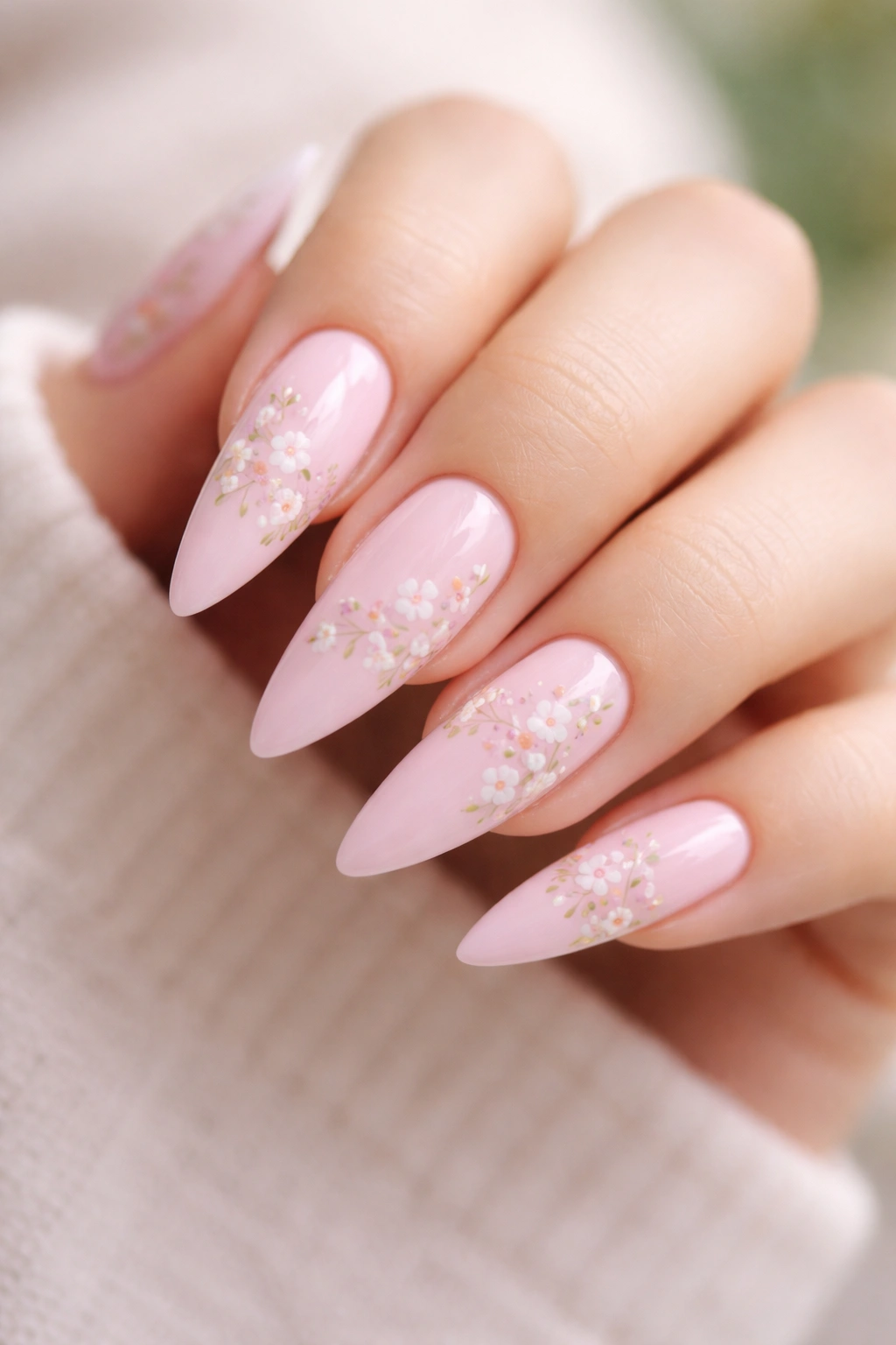 Nails with baby pink base and delicate floral nail art